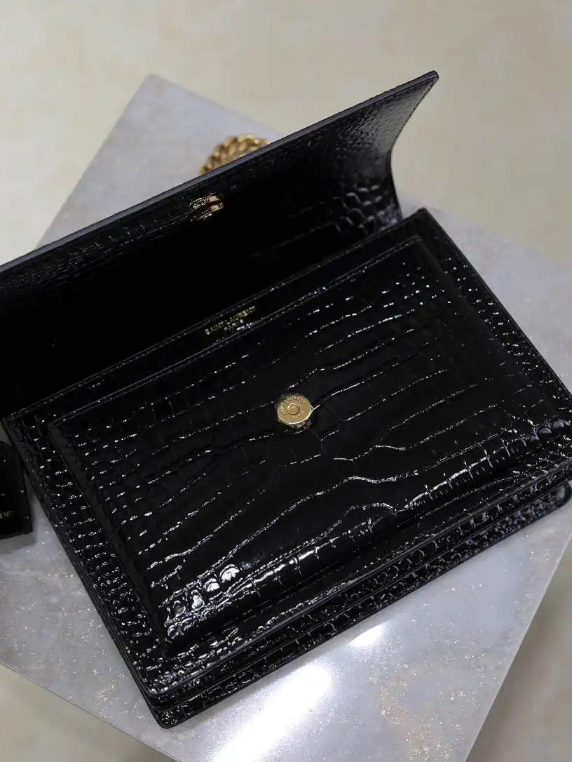 YSL 442906 SUNSET MEDIUM IN Black crocodile leather
