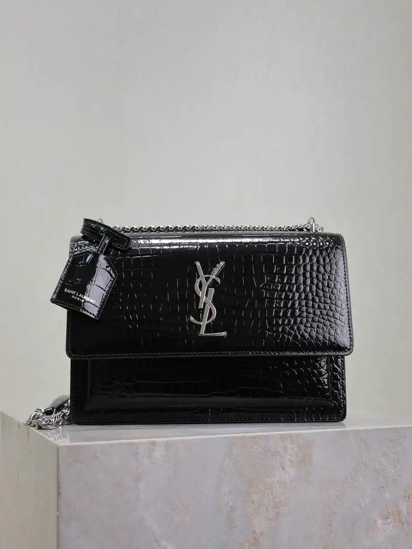 YSL 442906 SUNSET MEDIUM IN Black crocodile leather