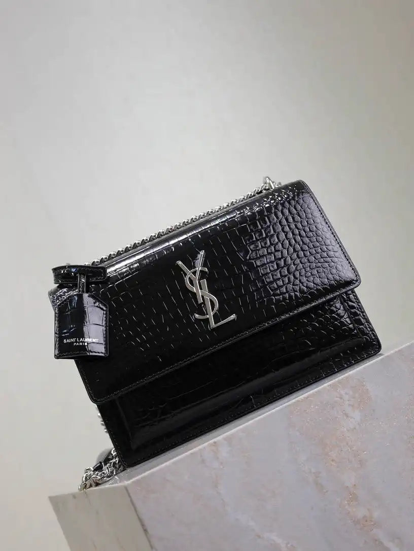 YSL 442906 SUNSET MEDIUM IN Black crocodile leather