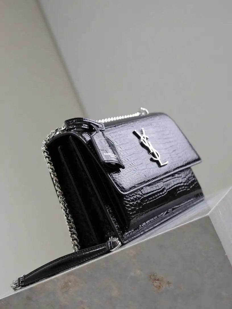 YSL 442906 SUNSET MEDIUM IN Black crocodile leather