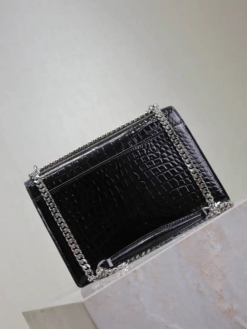 YSL 442906 SUNSET MEDIUM IN Black crocodile leather