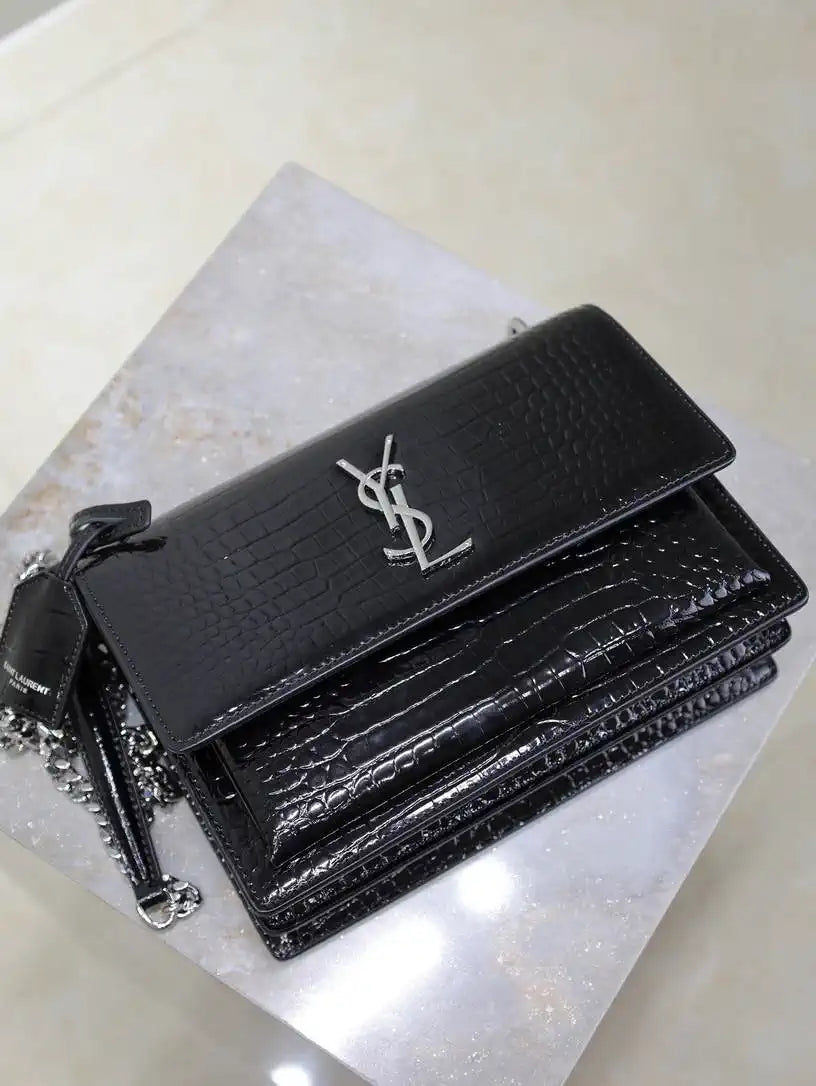 YSL 442906 SUNSET MEDIUM IN Black crocodile leather