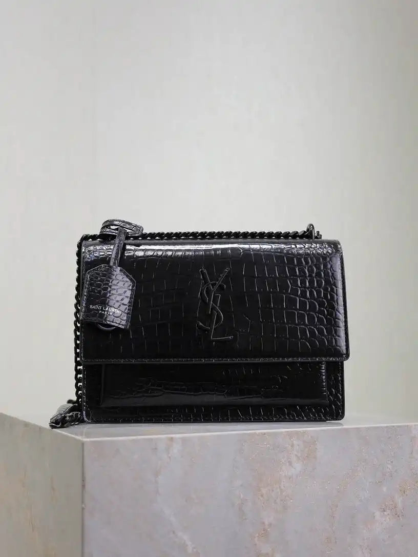 YSL 442906 SUNSET MEDIUM IN Black crocodile leather