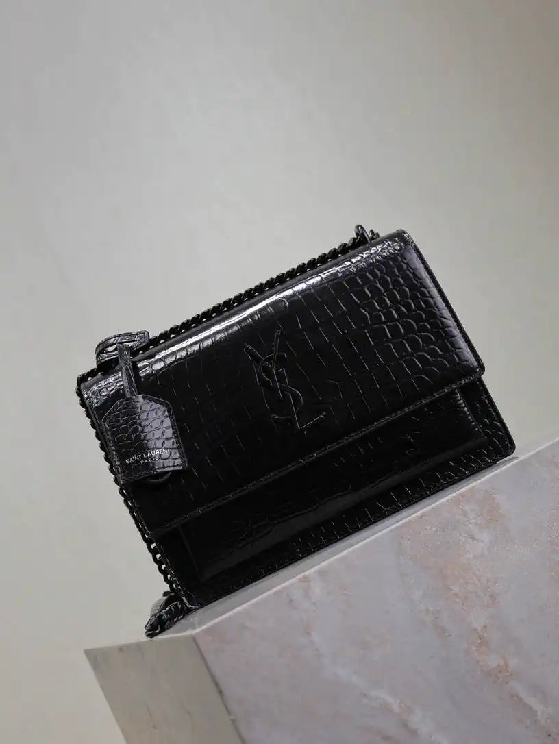 YSL 442906 SUNSET MEDIUM IN Black crocodile leather
