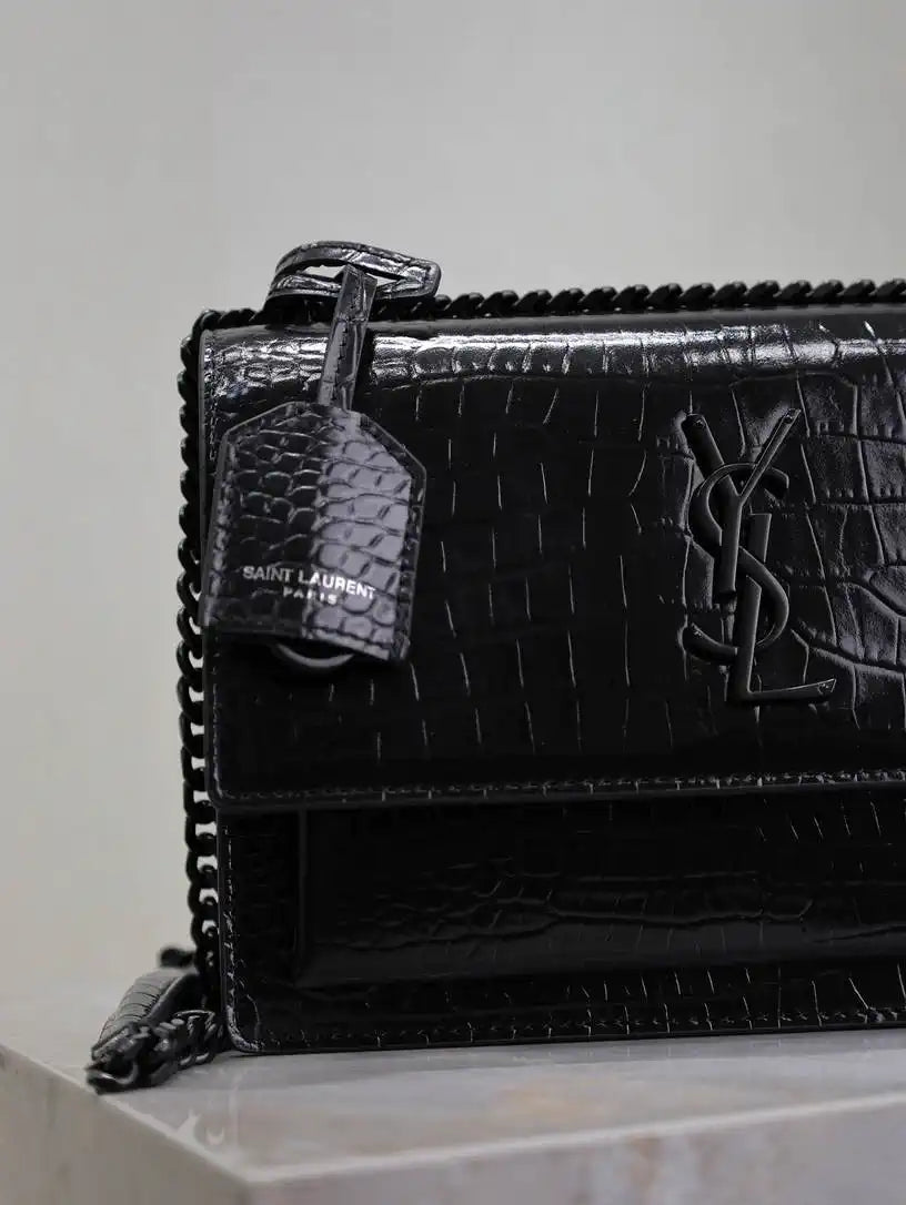 YSL 442906 SUNSET MEDIUM IN Black crocodile leather