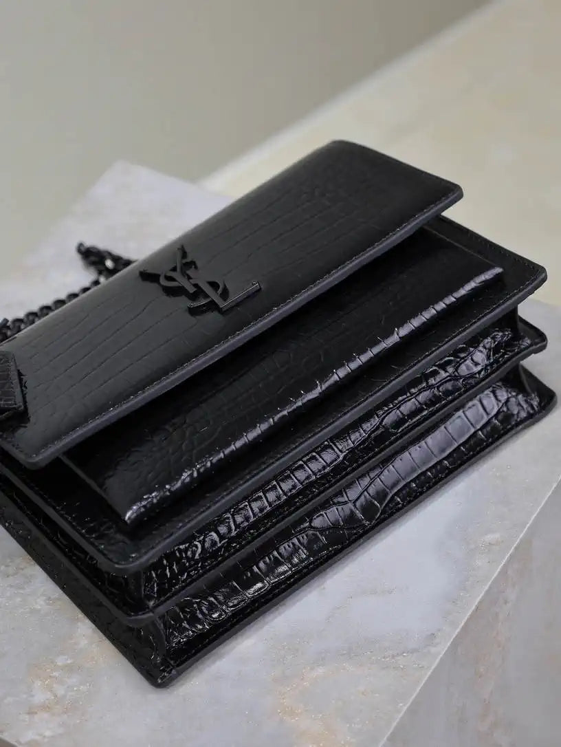 YSL 442906 SUNSET MEDIUM IN Black crocodile leather