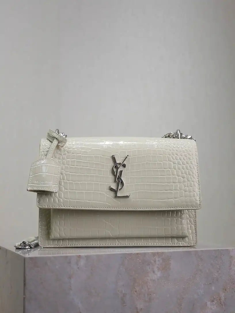 YSL 442906 SUNSET MEDIUM IN White crocodile leather
