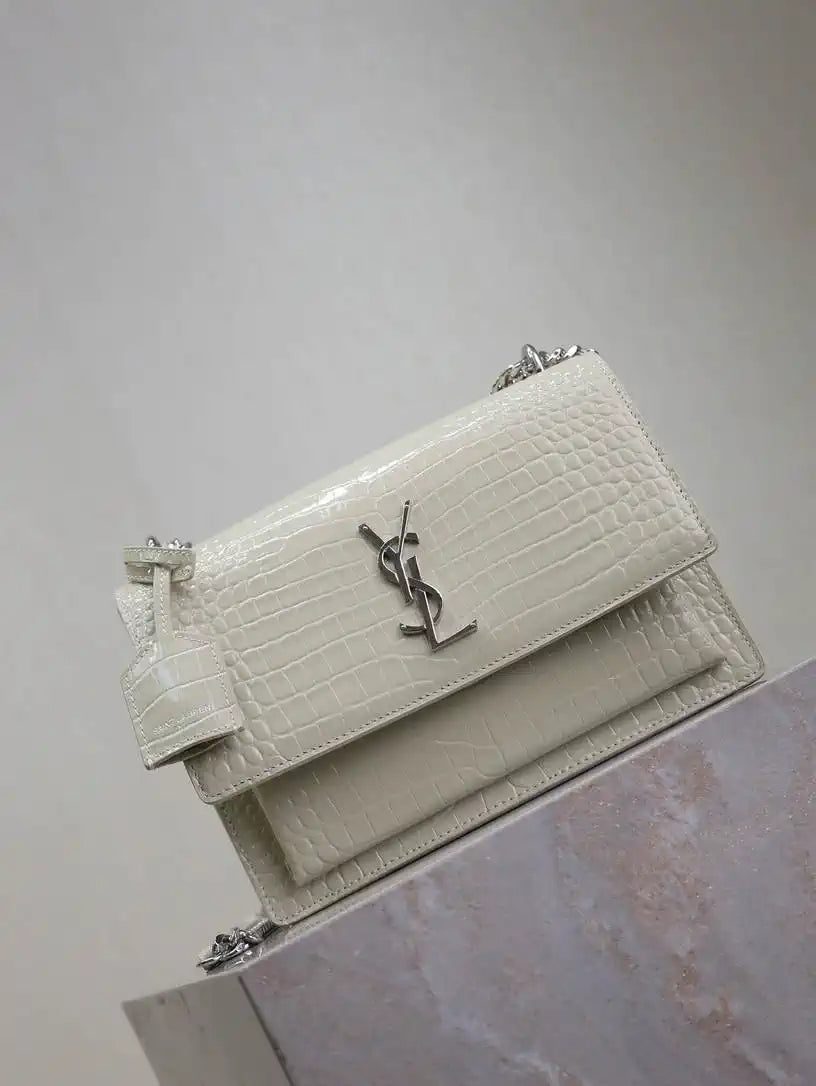YSL 442906 SUNSET MEDIUM IN White crocodile leather