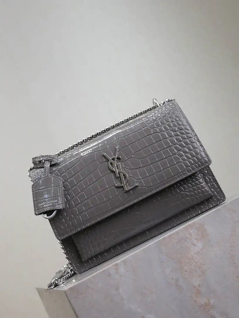 YSL 442906 SUNSET MEDIUM IN Gray crocodile leather