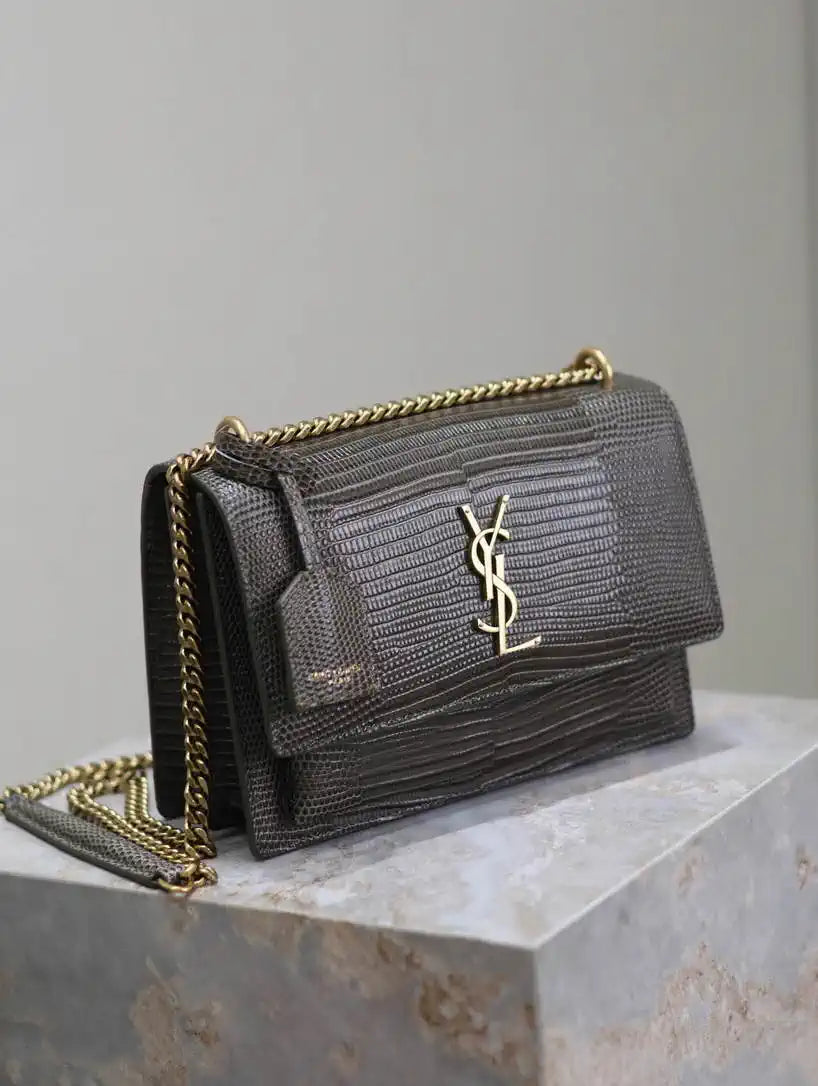 YSL 442906 SUNSET MEDIUM IN Green lizard-effect leather