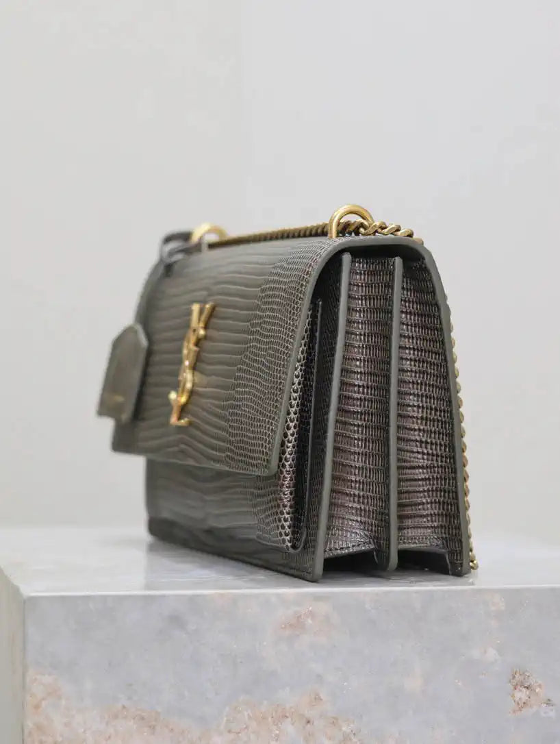 YSL 442906 SUNSET MEDIUM IN Green lizard-effect leather