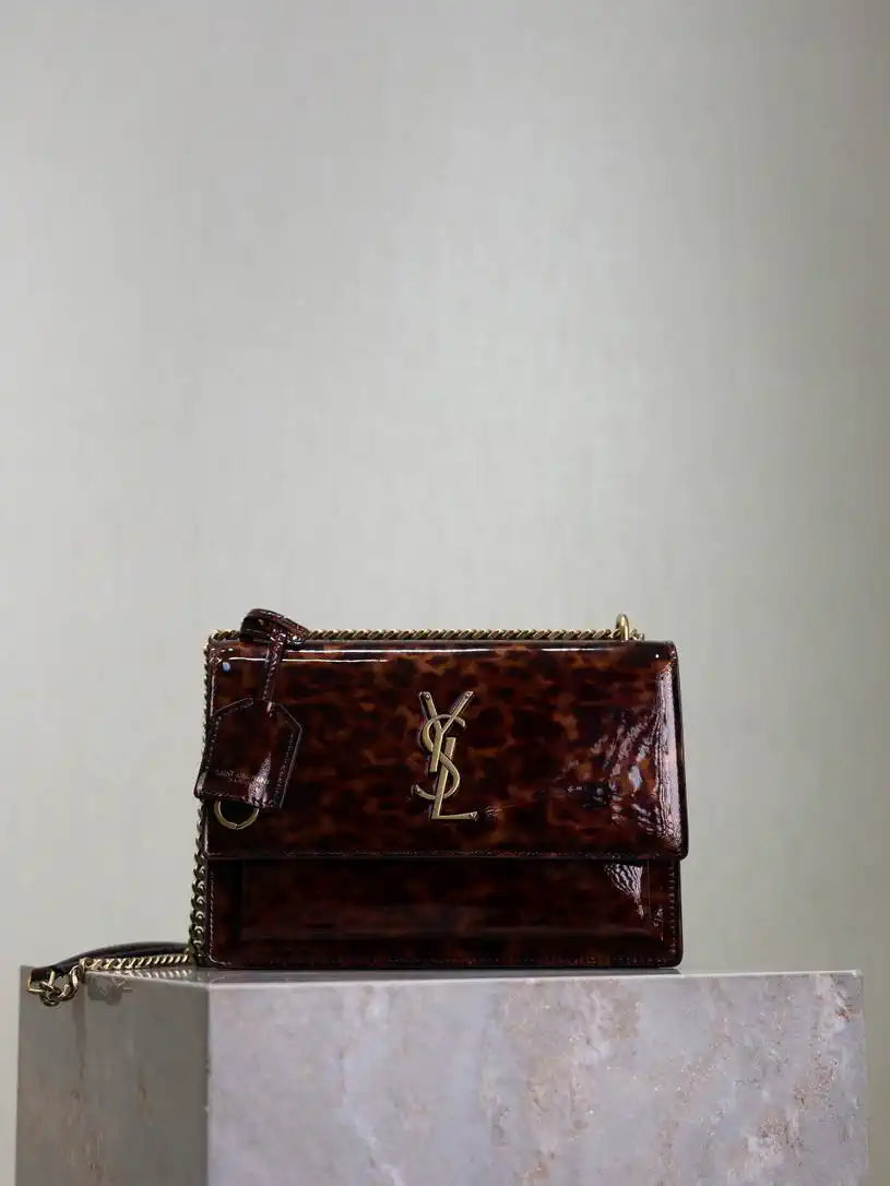 YSL 442906 SUNSET MEDIUM IN Patent LEATHER leopard patent leather
