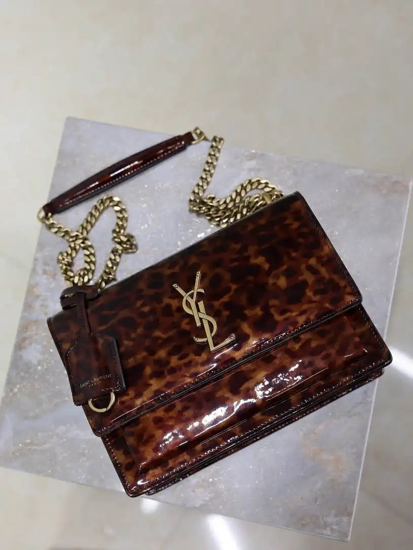 YSL 442906 SUNSET MEDIUM IN Patent LEATHER leopard patent leather