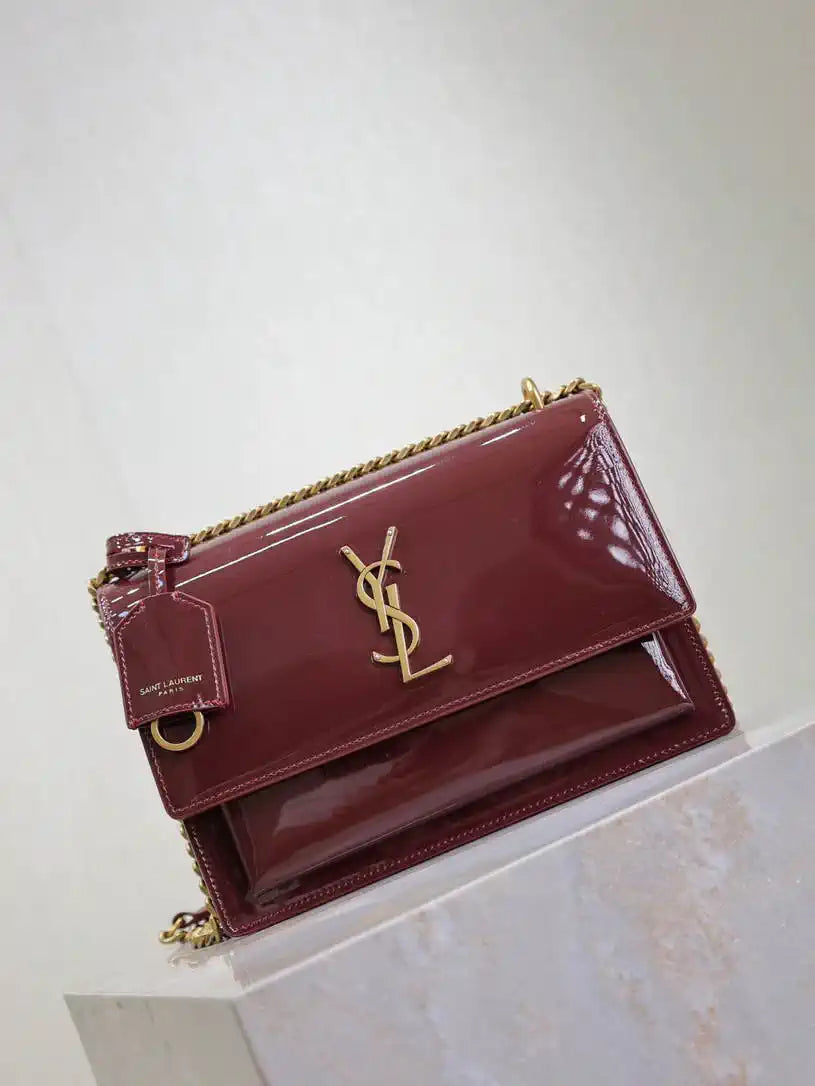 YSL 442906 SUNSET MEDIUM IN Patent LEATHER Wine Red