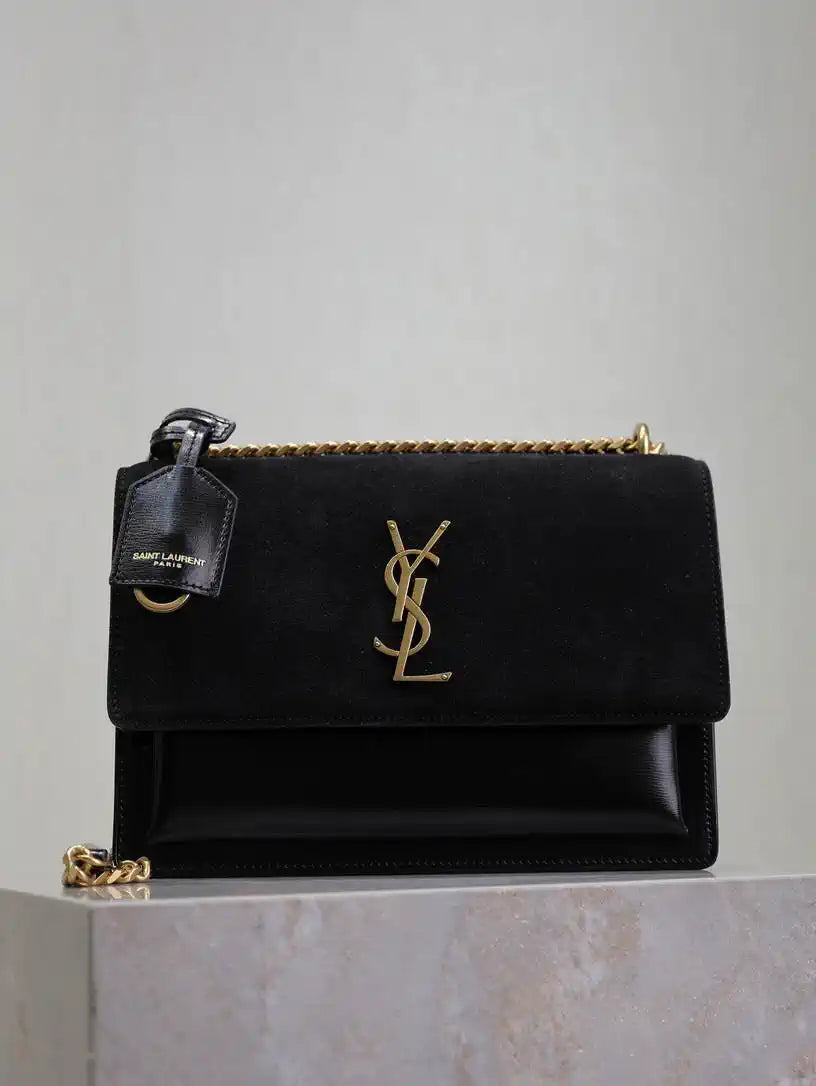 YSL 442906 SUNSET MEDIUM IN Suede SMOOTH LEATHER Black