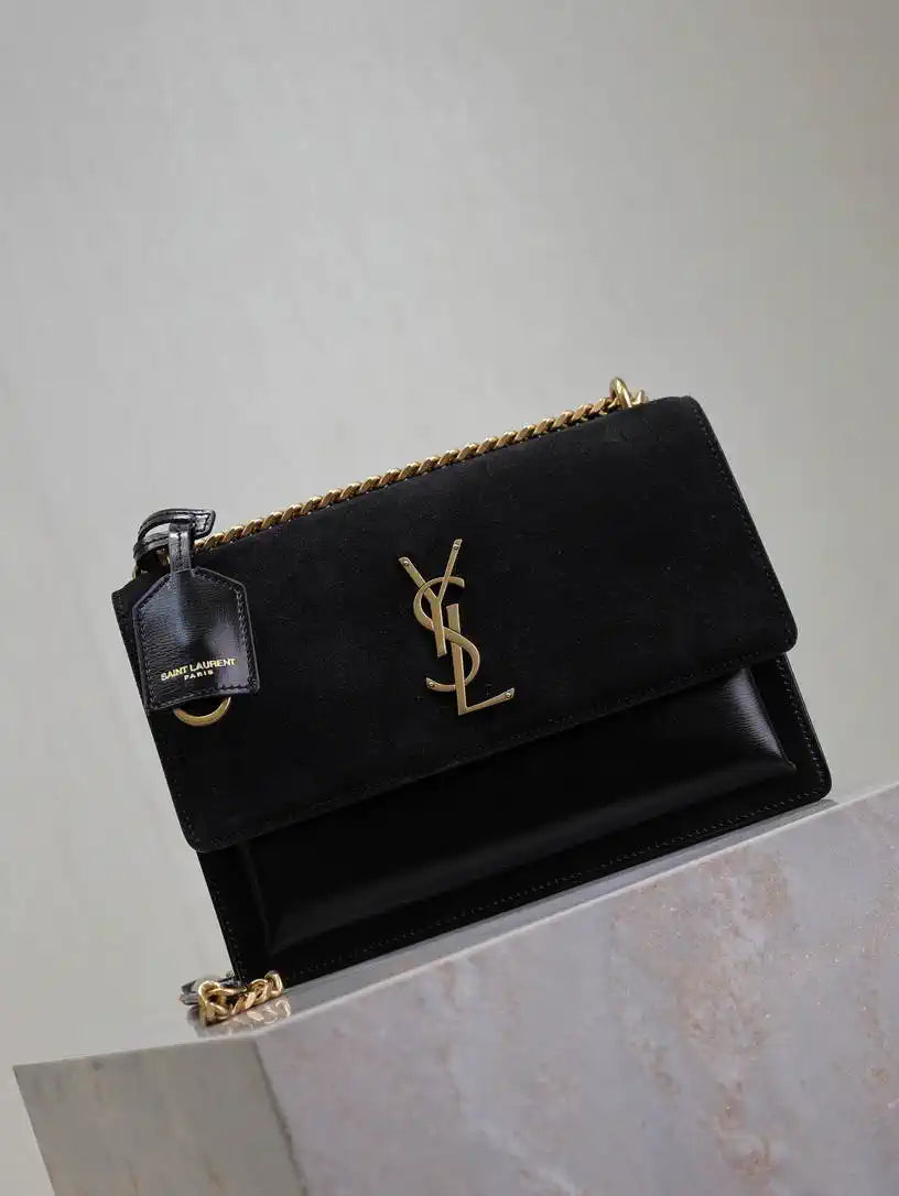 YSL 442906 SUNSET MEDIUM IN Suede SMOOTH LEATHER Black