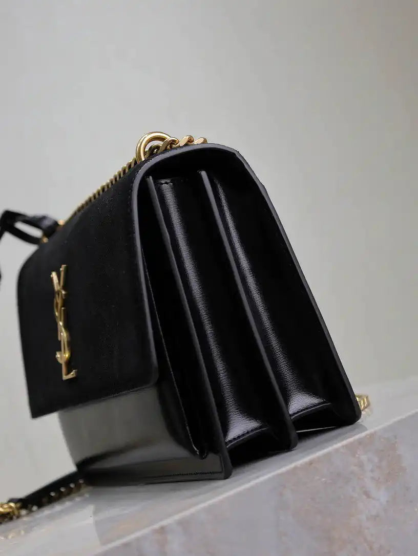 YSL 442906 SUNSET MEDIUM IN Suede SMOOTH LEATHER Black