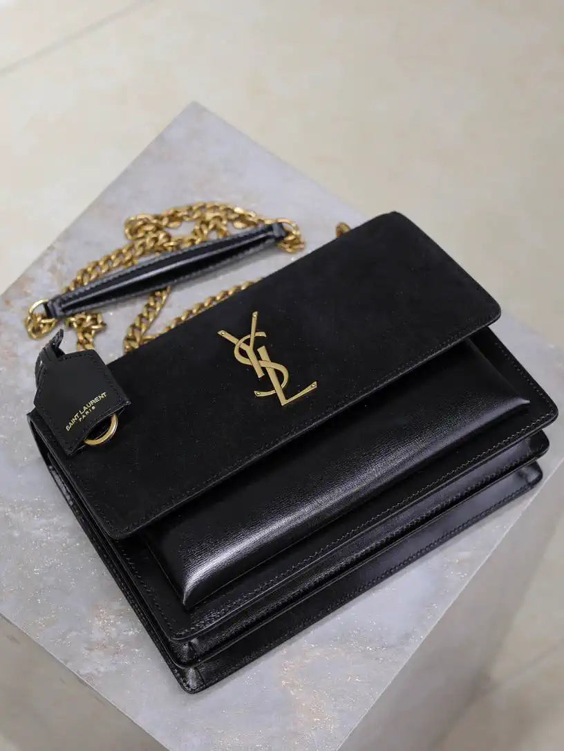 YSL 442906 SUNSET MEDIUM IN Suede SMOOTH LEATHER Black