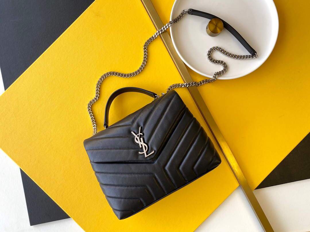 YSL 464676 Small Loulou Chain Bag Calfskin Leather Black Silver Buckle