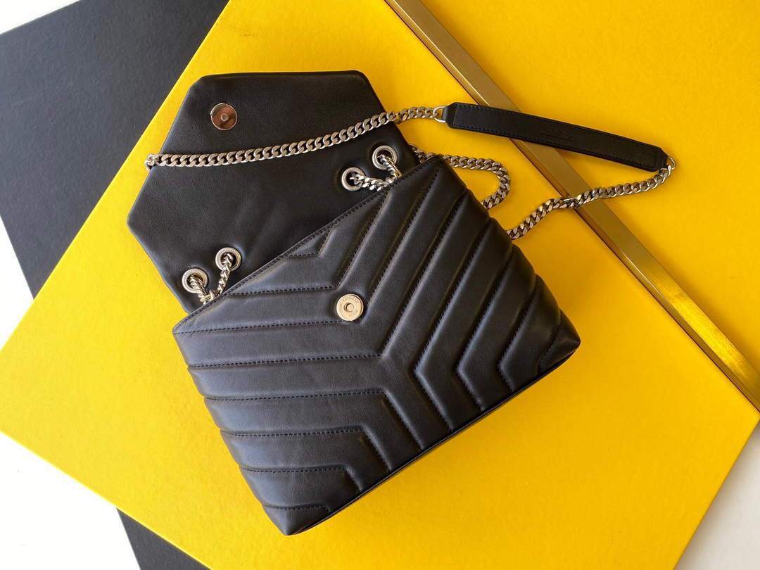 YSL 464676 Small Loulou Chain Bag Calfskin Leather Black Silver Buckle