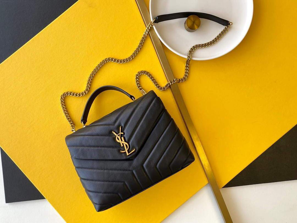 YSL 464676 Small Loulou Chain Bag Calfskin Leather Black Gold Buckle