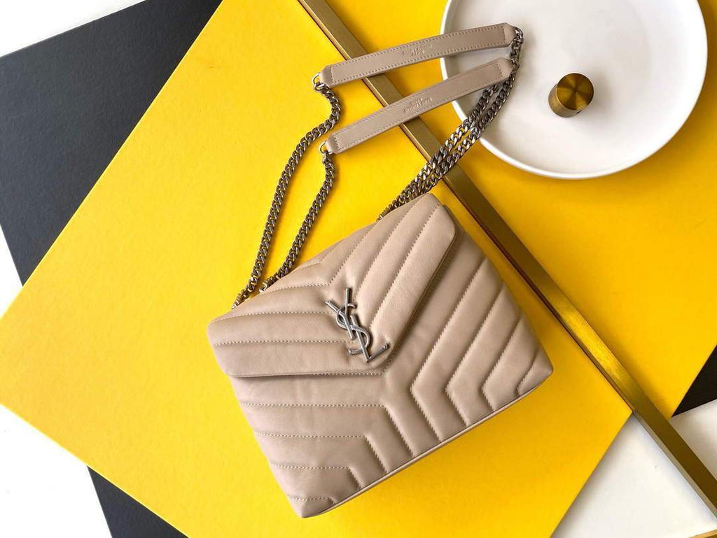 YSL 464676 Small Loulou Chain Bag Calfskin Leather Apricot