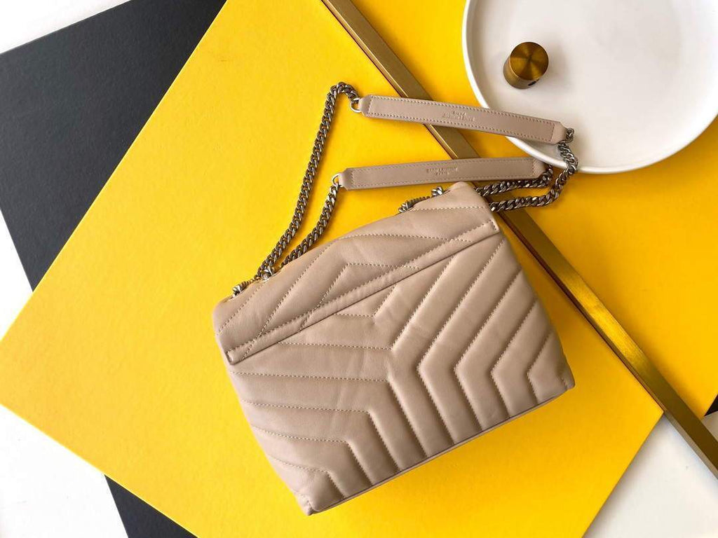 YSL 464676 Small Loulou Chain Bag Calfskin Leather Apricot