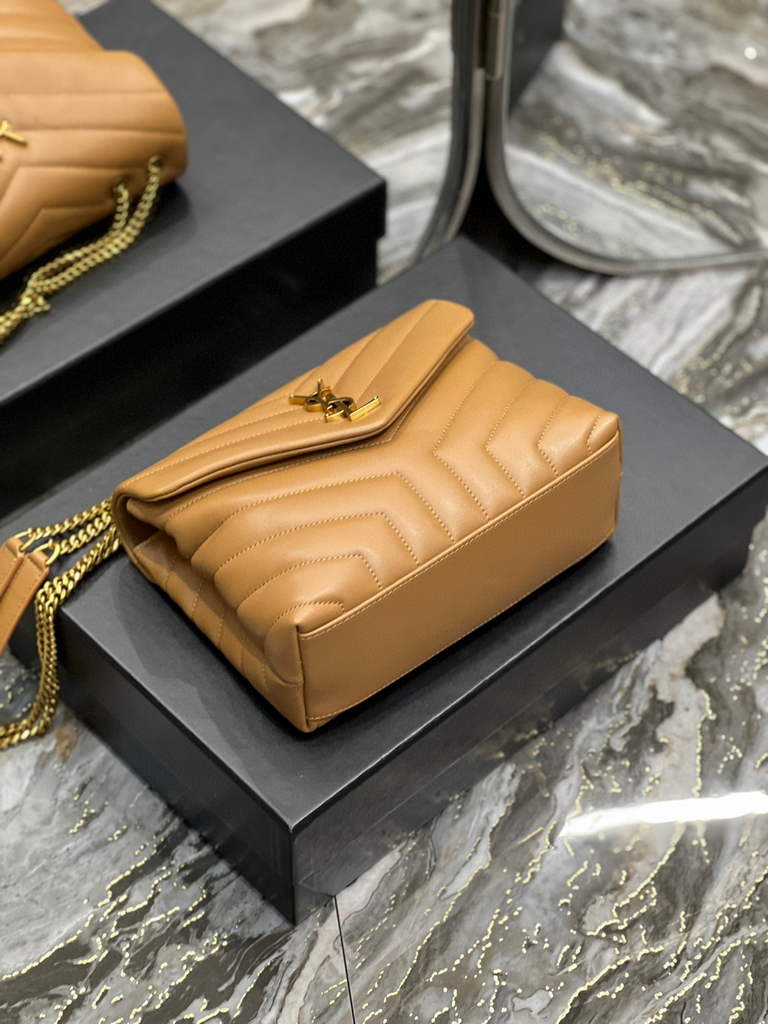 YSL 494699 Saint Laurent Small Loulou in Matelasse Y Leather Bag Brown