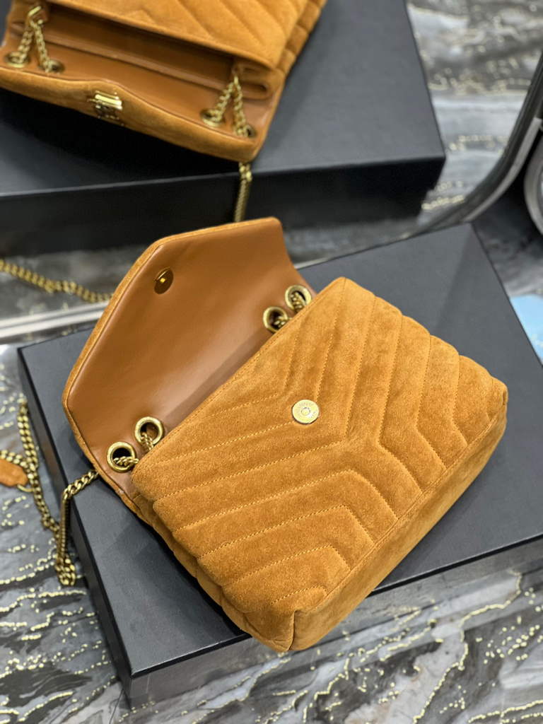 YSL 494699 Saint Laurent Small Loulou in Y-Quilted Suede Brown