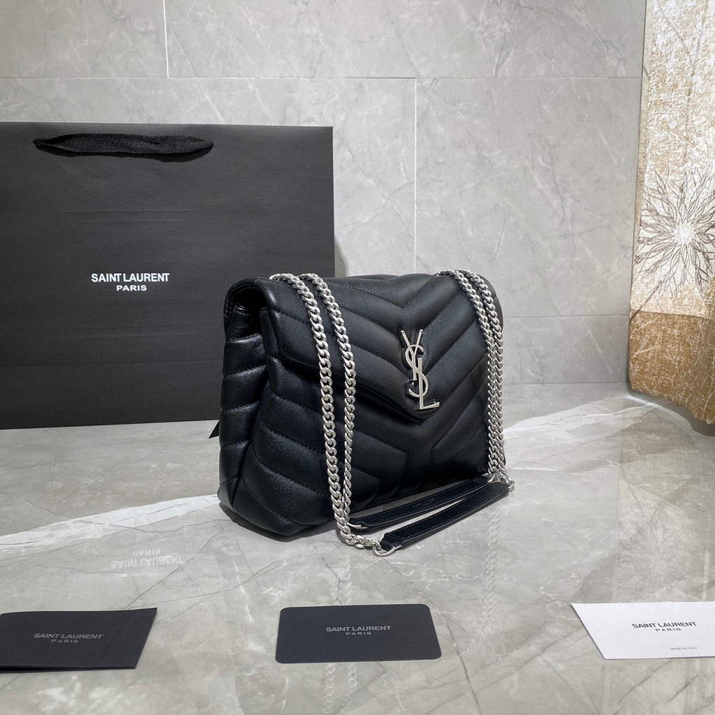 YSL 494699 Saint Laurent Small Loulou in Matelasse Y Leather Bag Black Silvery