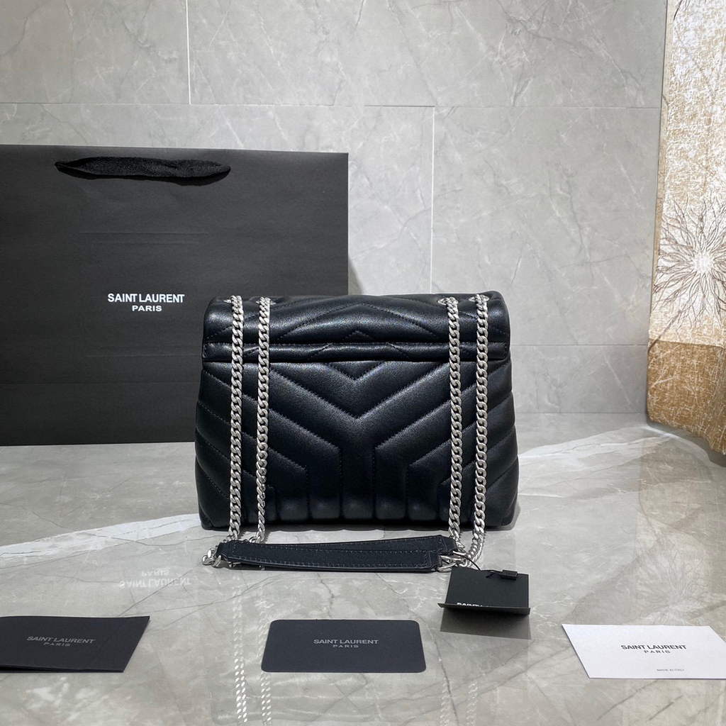 YSL 494699 Saint Laurent Small Loulou in Matelasse Y Leather Bag Black Silvery