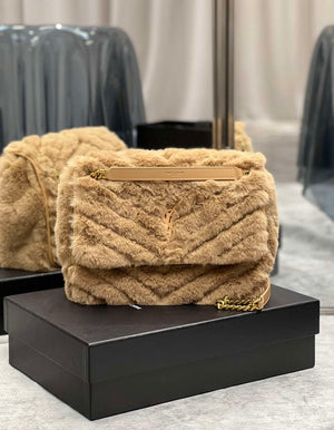 YSL 498894 Yves Saint Laurent Niki Medium In Vintage rabbit fur Leather Camel - Default Title - View 1