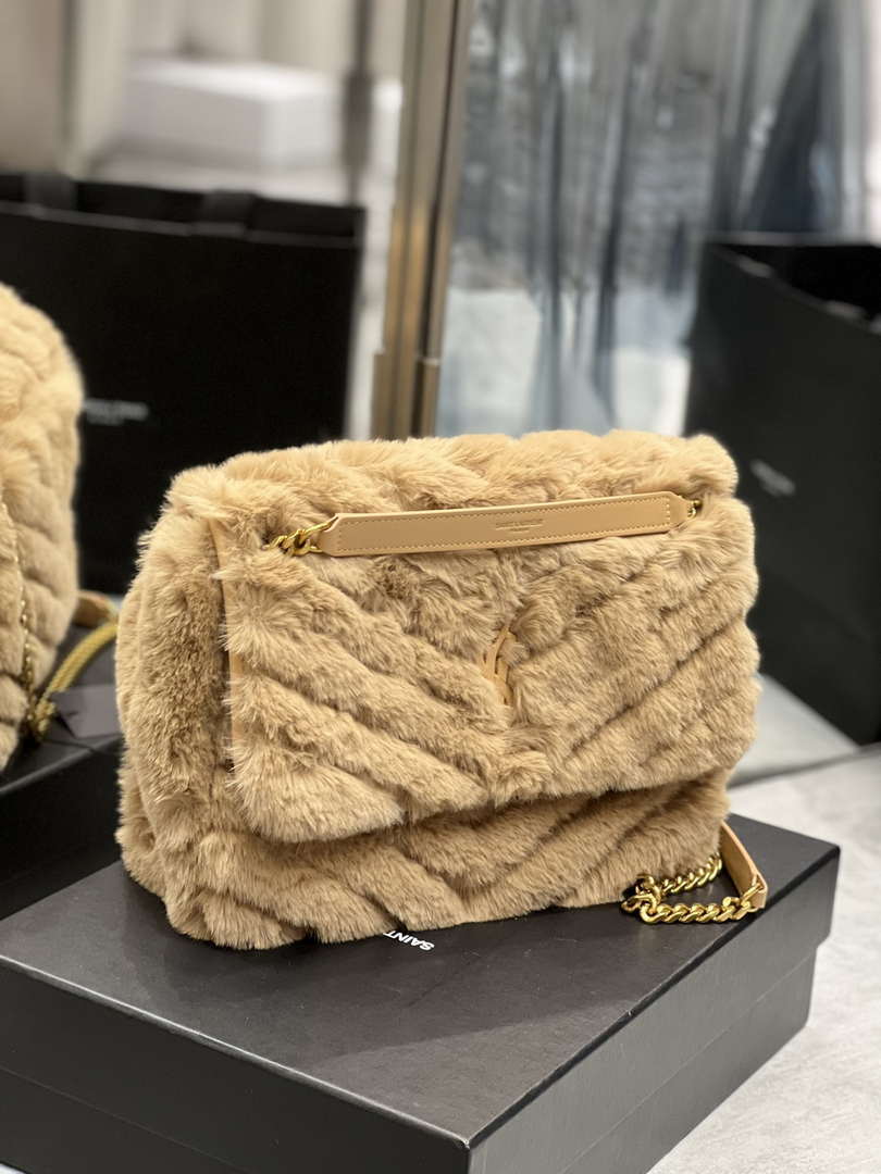 YSL 498894 Yves Saint Laurent Niki Medium In Vintage rabbit fur Leather Camel
