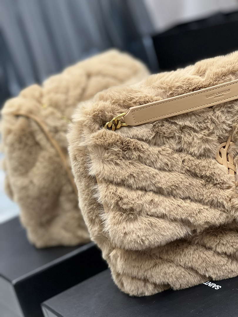 YSL 498894 Yves Saint Laurent Niki Medium In Vintage rabbit fur Leather Camel