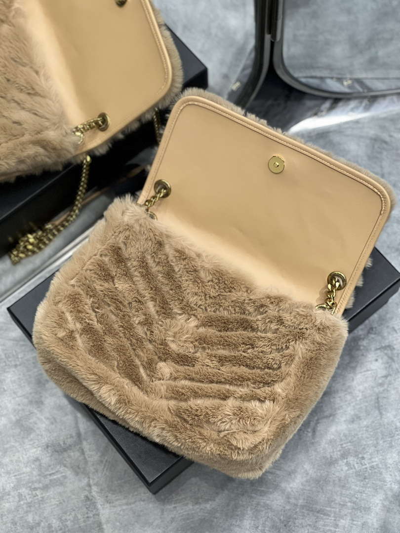 YSL 498894 Yves Saint Laurent Niki Medium In Vintage rabbit fur Leather Camel