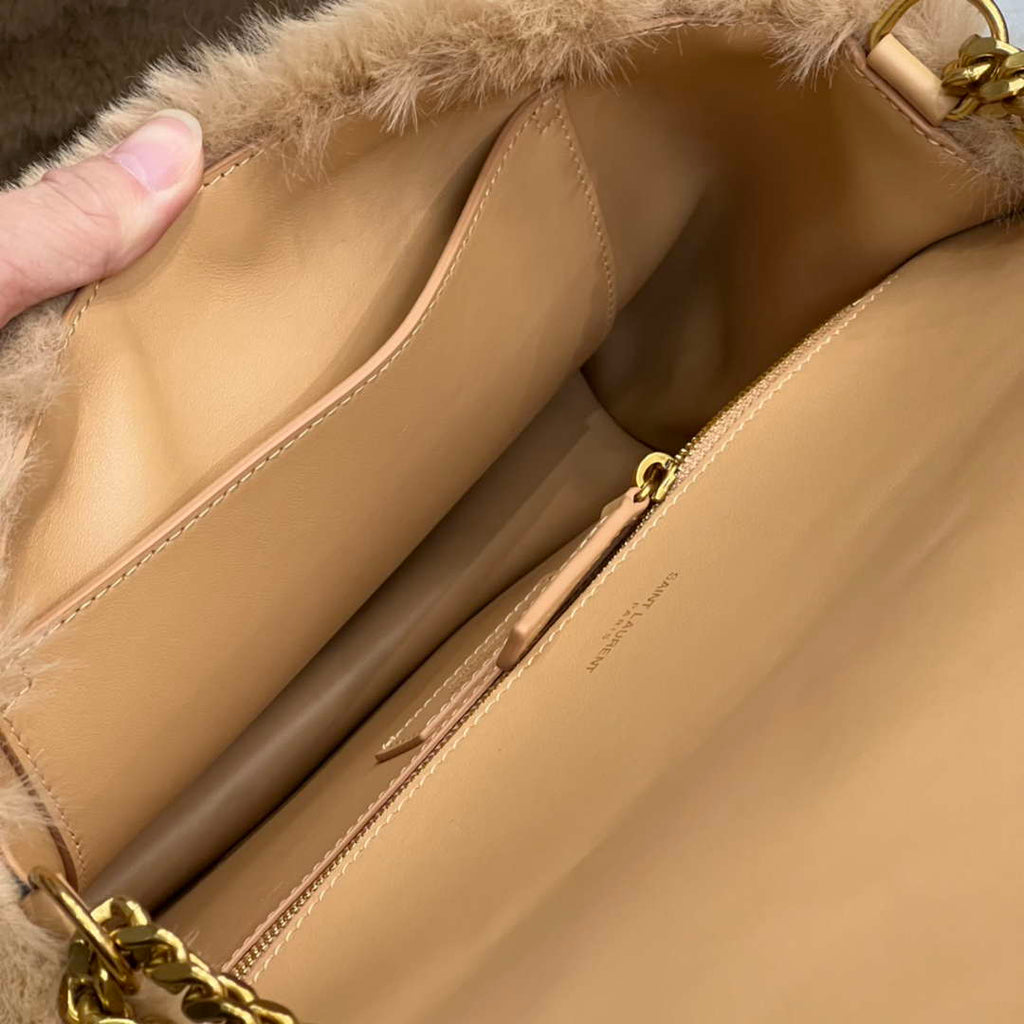YSL 498894 Yves Saint Laurent Niki Medium In Vintage rabbit fur Leather Camel