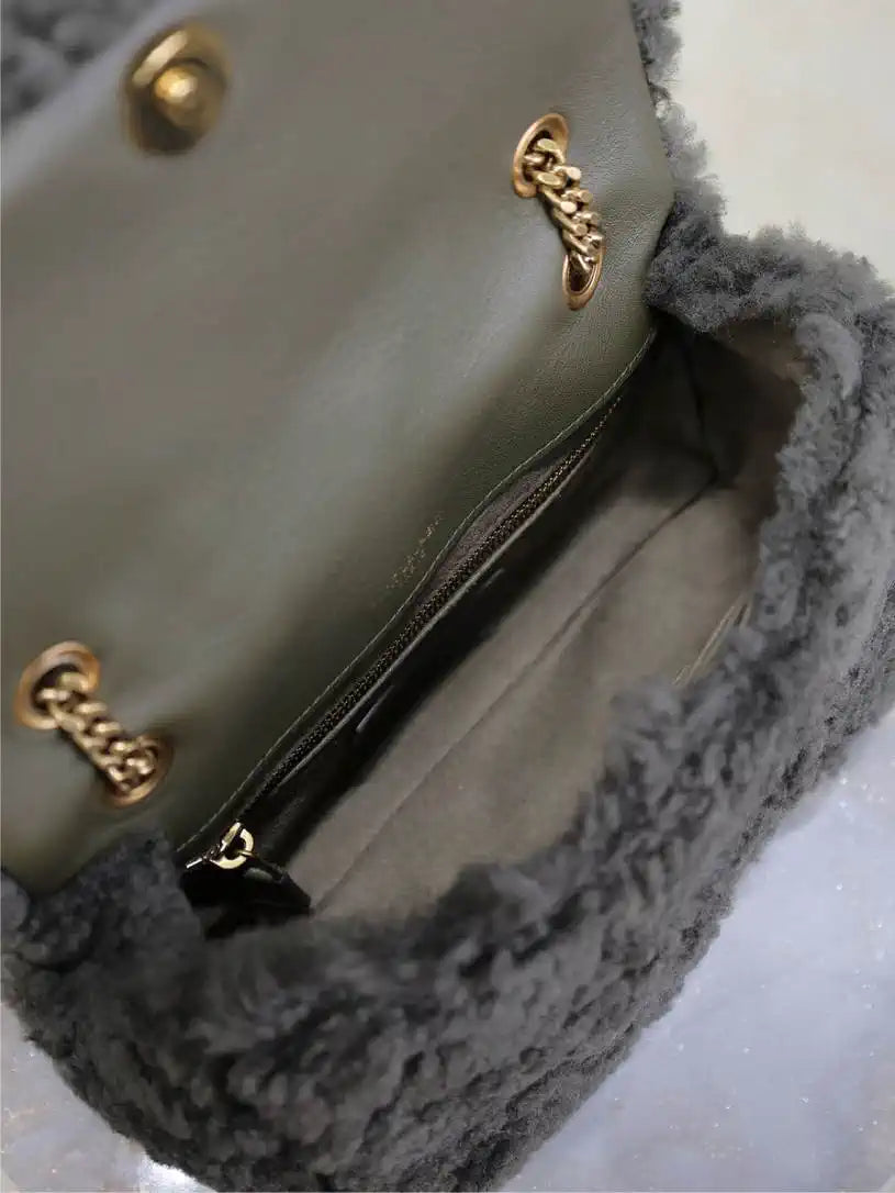 YSL 515820 Saint Laurent Shearling Small Jamie Bag Dark Green