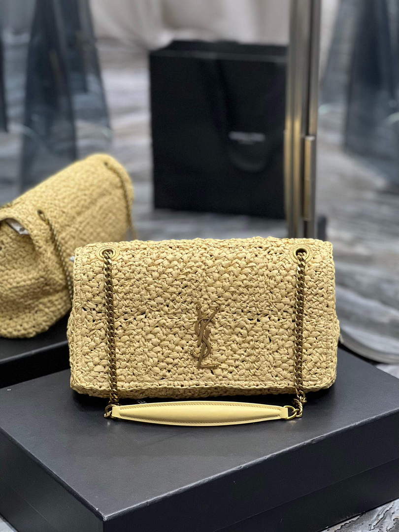 YSL 515821 Jamie Leather-Trimmed Raffia Shoulder Bag Apricot