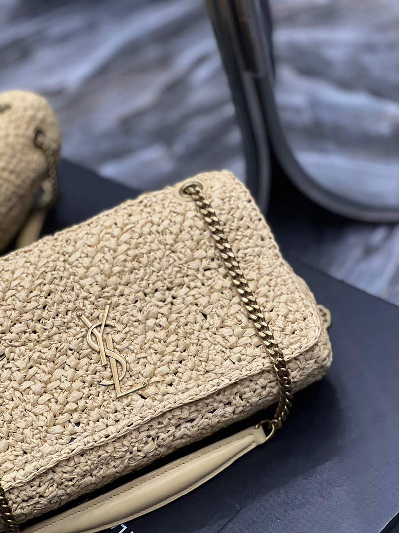 YSL 515821 Jamie Leather-Trimmed Raffia Shoulder Bag Apricot - Default Title - View 3