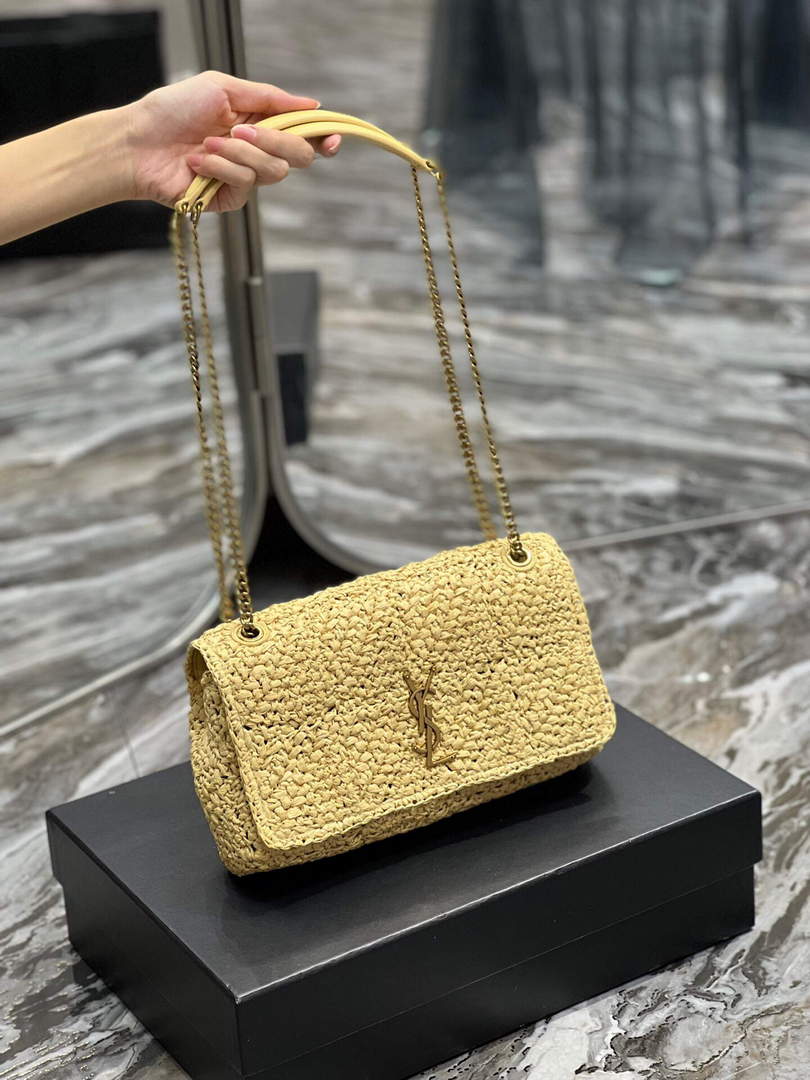 YSL 515821 Jamie Leather-Trimmed Raffia Shoulder Bag Apricot - Default Title - View 9