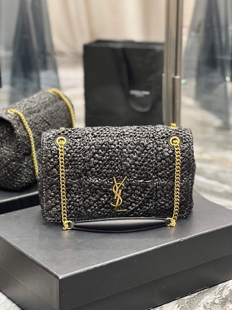 YSL 515821 Jamie Leather-Trimmed Raffia Shoulder Bag Black
