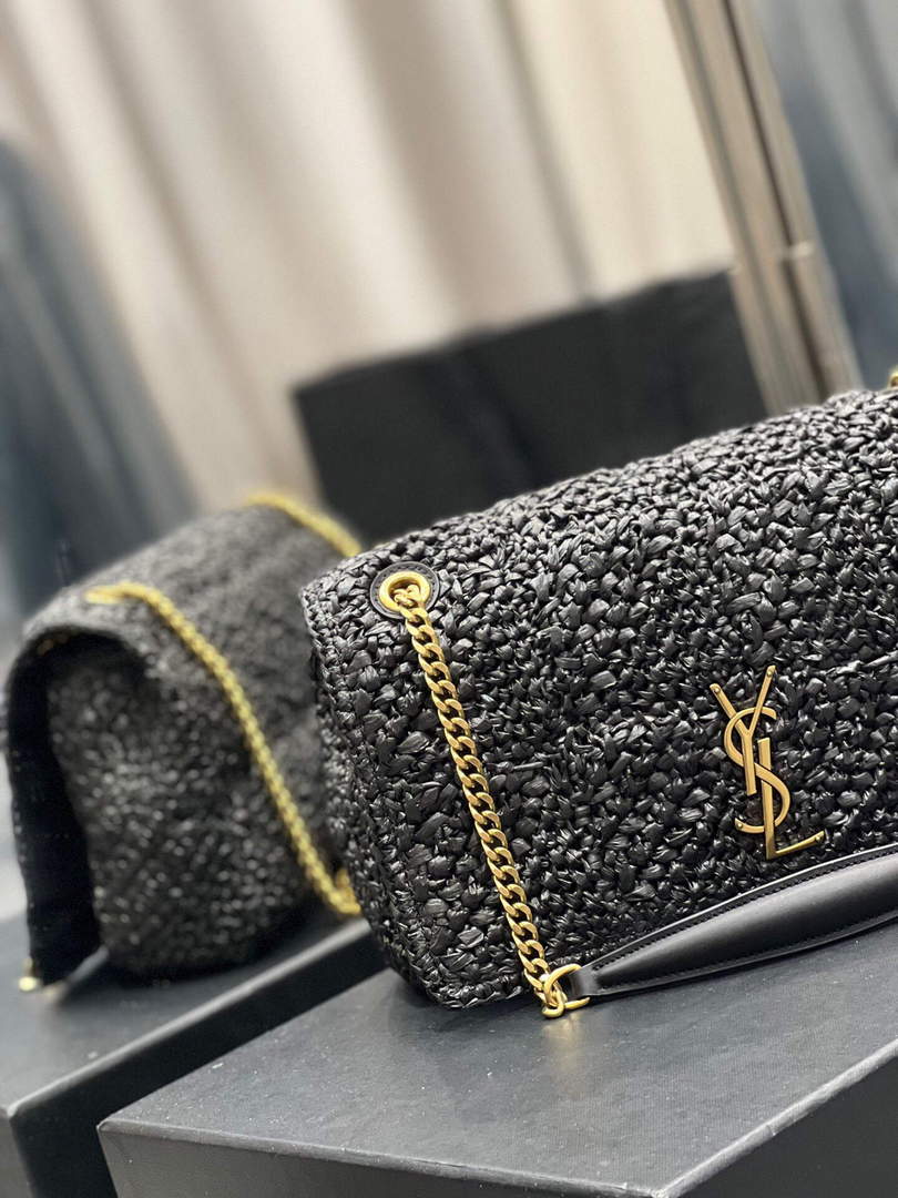 YSL 515821 Jamie Leather-Trimmed Raffia Shoulder Bag Black - Default Title - View 3
