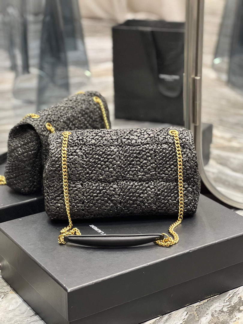 YSL 515821 Jamie Leather-Trimmed Raffia Shoulder Bag Black