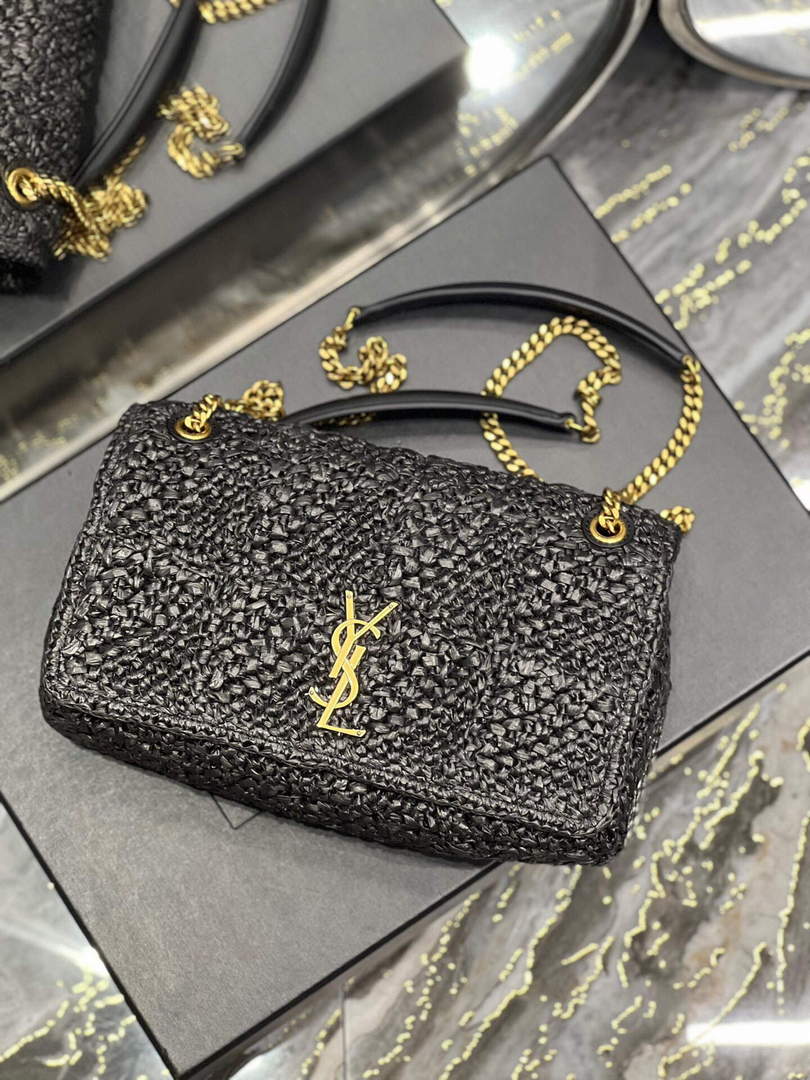 YSL 515821 Jamie Leather-Trimmed Raffia Shoulder Bag Black - Default Title - View 5