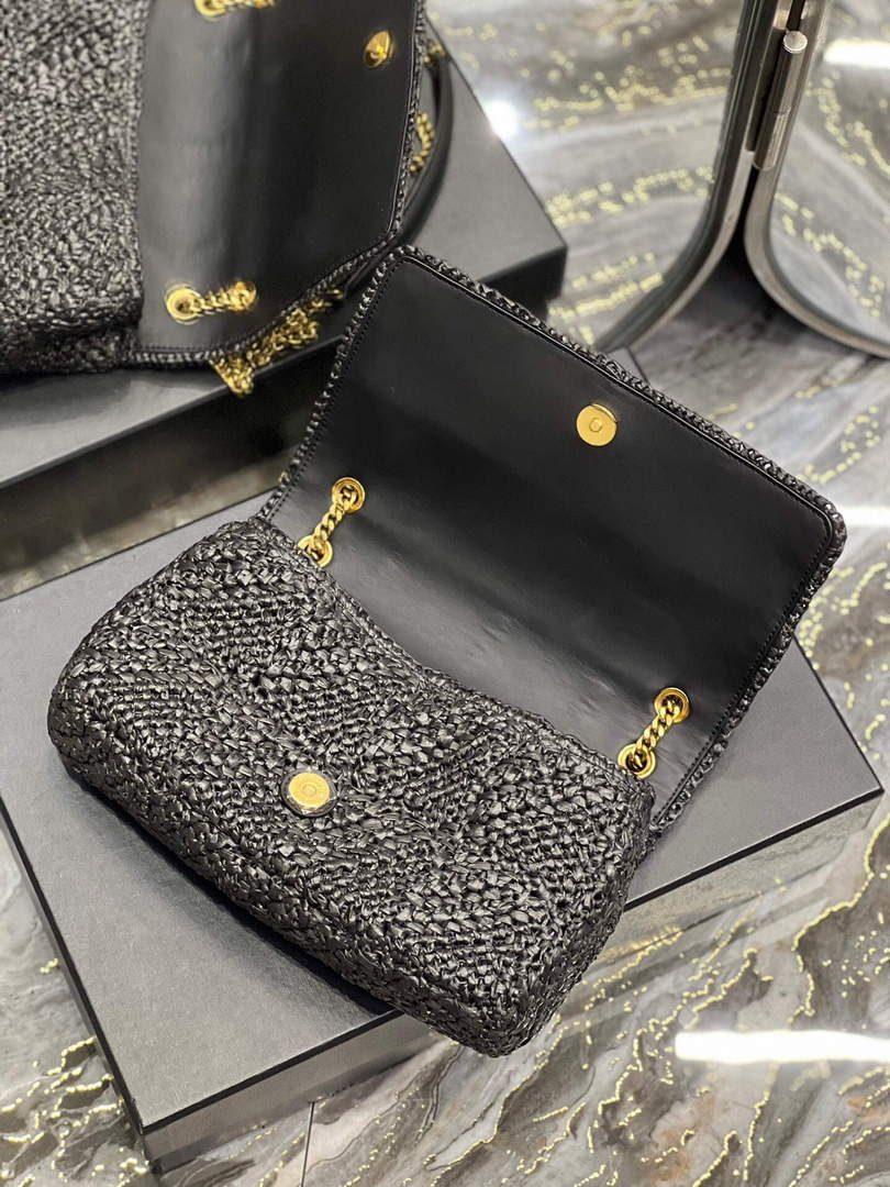 YSL 515821 Jamie Leather-Trimmed Raffia Shoulder Bag Black