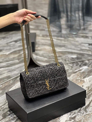 YSL 515821 Jamie Leather-Trimmed Raffia Shoulder Bag Black - Default Title - View 9