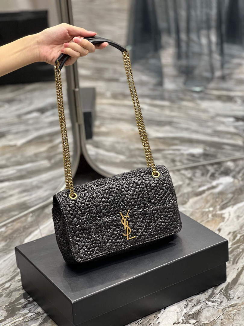 YSL 515821 Jamie Leather-Trimmed Raffia Shoulder Bag Black - Default Title - View 9