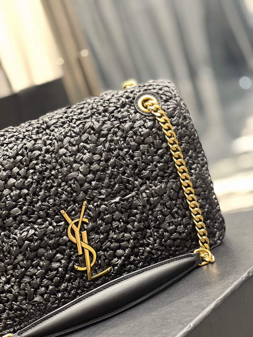 YSL 515821 Jamie Leather-Trimmed Raffia Shoulder Bag Black