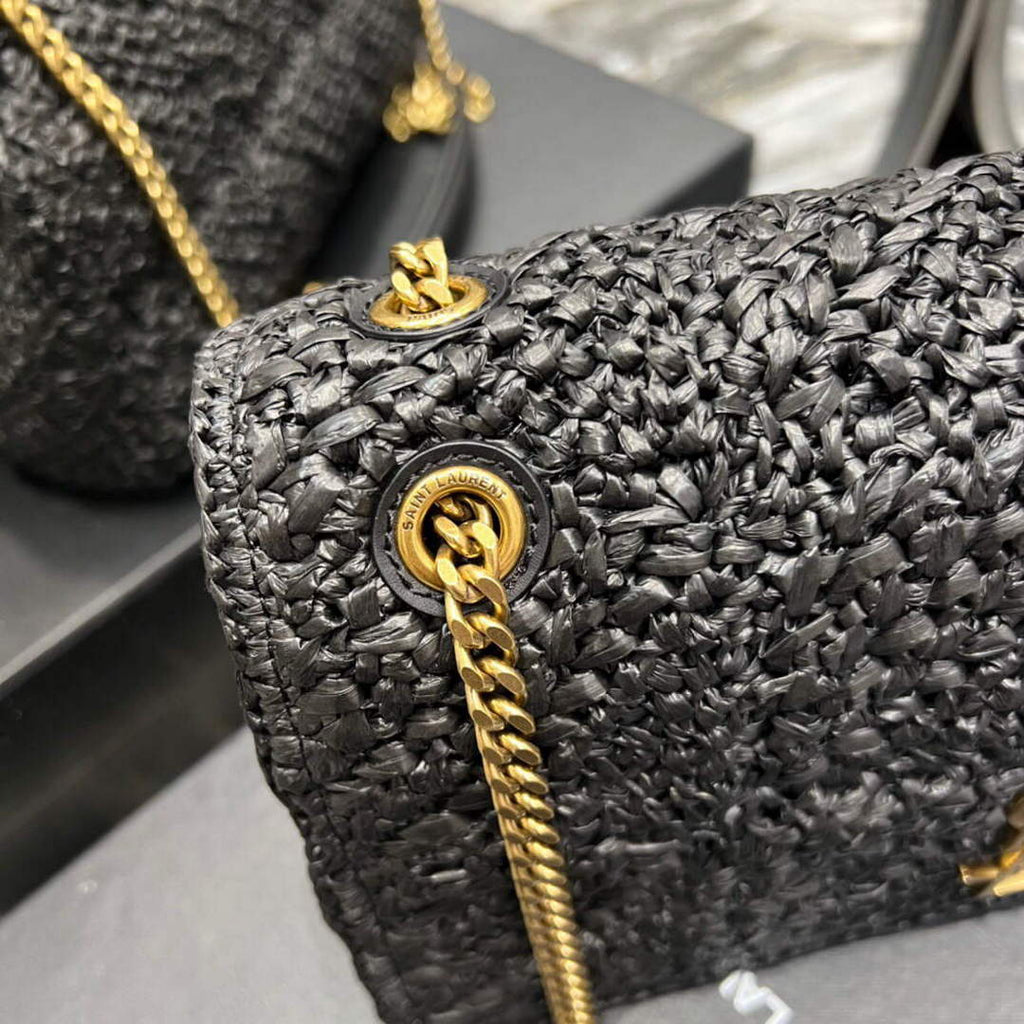 YSL 515821 Jamie Leather-Trimmed Raffia Shoulder Bag Black