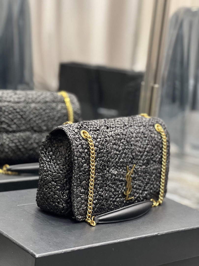 YSL 515821 Jamie Leather-Trimmed Raffia Shoulder Bag Black